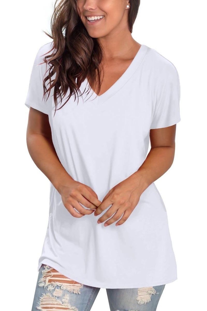Sipaya Spring T Shirts for Women V Neck Solid Color Blouses Cute Short Sleeve Tunic Tops Women Beach Fashion White M - Image 3